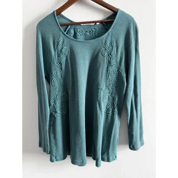 Soft Surroundings Teal Embroidered Waffle Knit Tunic Top Large Long Sleeve Boho - Picture 3 of 8